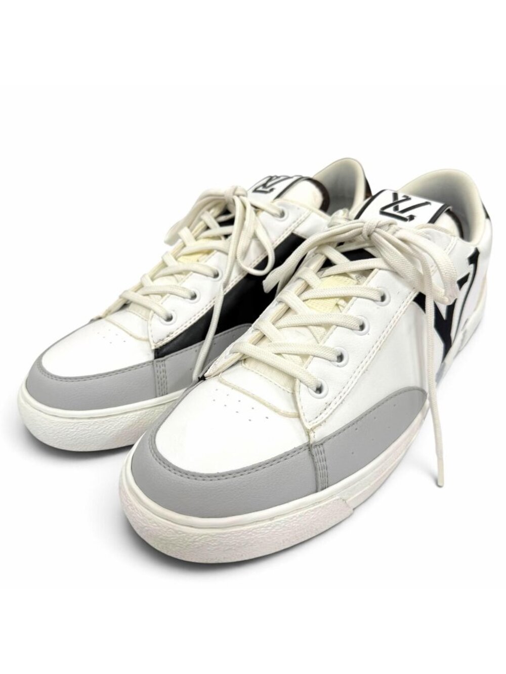 Louis Vuitton Charlie Line Leather Low Top Sneakers White Light Gray Black 7.5